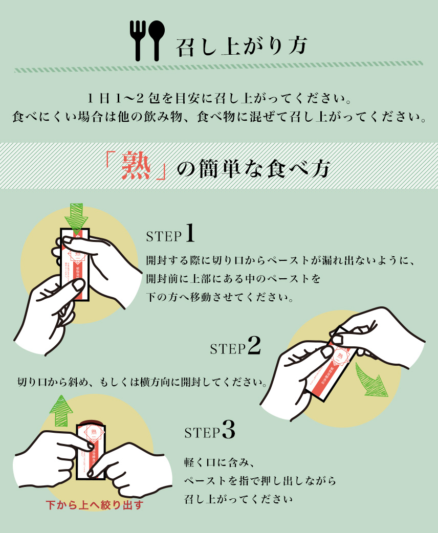 召し上がり方。1日1~2包を目安に召し上がってください。食べにくい場合は他の飲み物、食べ物に混ぜて召し上がってください。