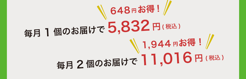 毎月1個のお届けで5,400円、毎月2個のお届けで10,200円