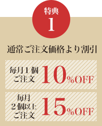 特典1 通常ご注文価格より割引、毎月1個ご注文 10%off、毎月2個以上ご注文15%off